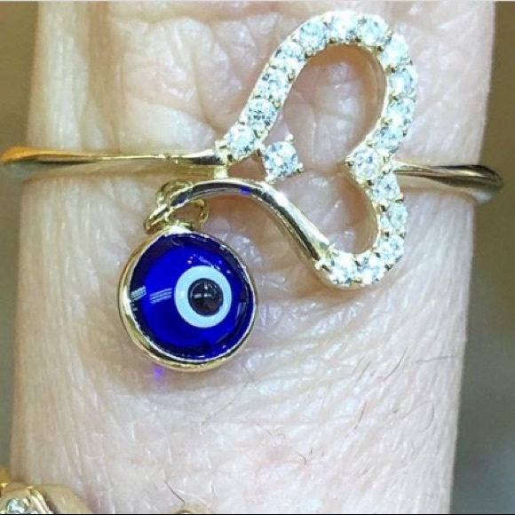 New 14K yellow Gold red evil eye CZ heart Ring - Picture 6 of 8